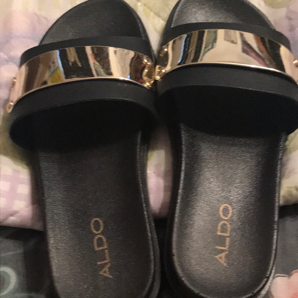 Aldo Black Slide With Gold  Bar accent